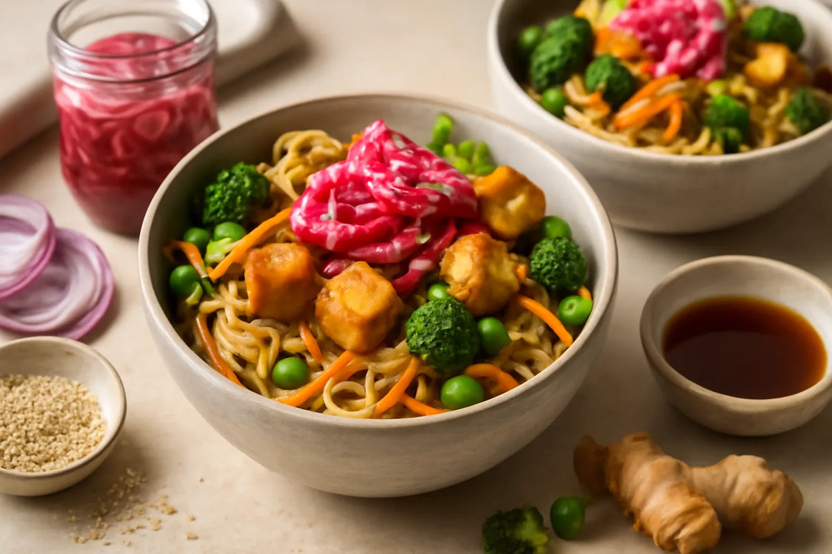 Bowl di noodles con tofu, cipolla rossa sottaceto e verdure sottaceto