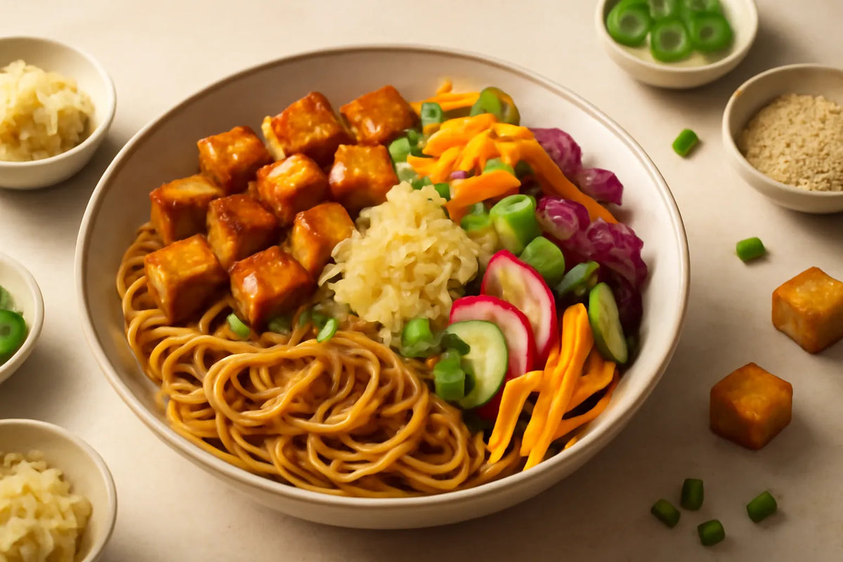 Miska makaronu z tofu, kiszoną kapustą i marynowanymi warzywami