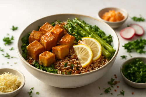 Tofu Asparagus Lemon Miso Pokebowl