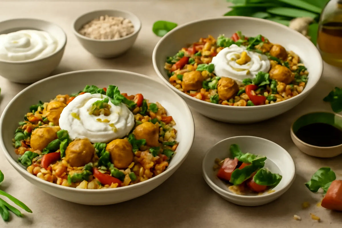Poêlée de tofu et d’orge au labneh de kéfir