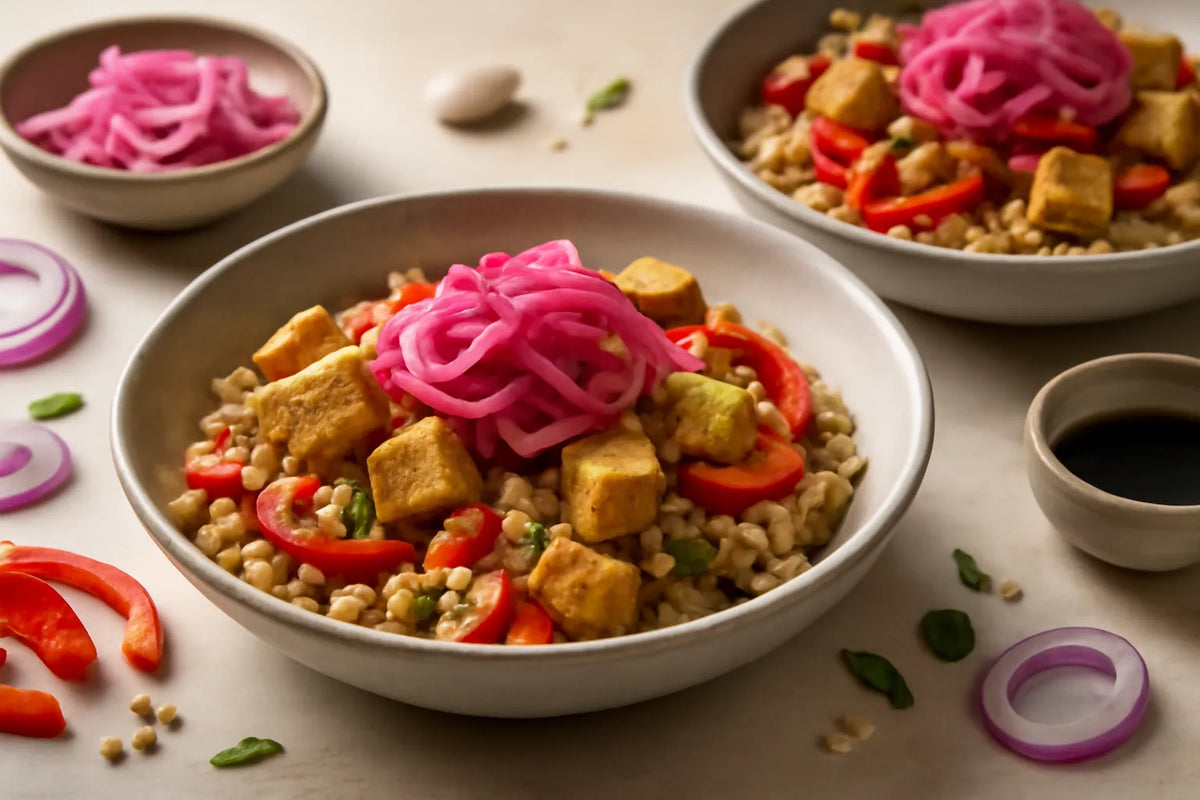 Sauté de tofu et d’orge à l’oignon rouge mariné