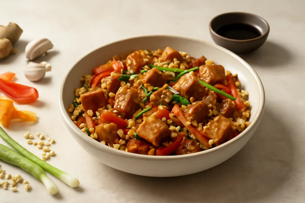 Salteado de tofu, cebada y tempeh