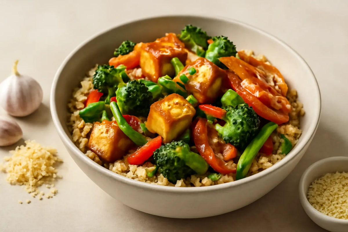 Tofu-Brauner-Reis-Pfanne mit fermentierten Karotten