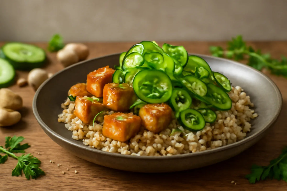 Tofu Brown Rice Stir-Fry with Pickled Cucumber