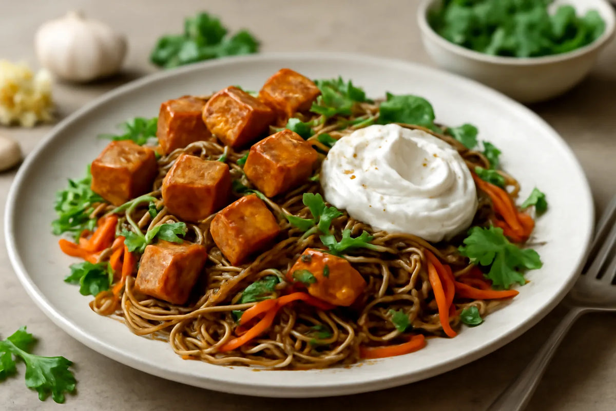 Tofu Buckwheat Soba Stir-Fry with Kefir Labneh