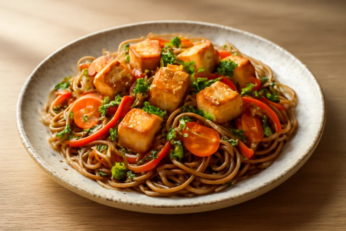 Smażone tofu z soba z gryki i kimchi