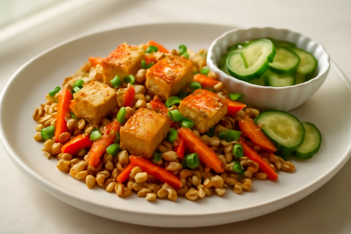 Tofu Farro Stir-Fry with Pickled Cucumber