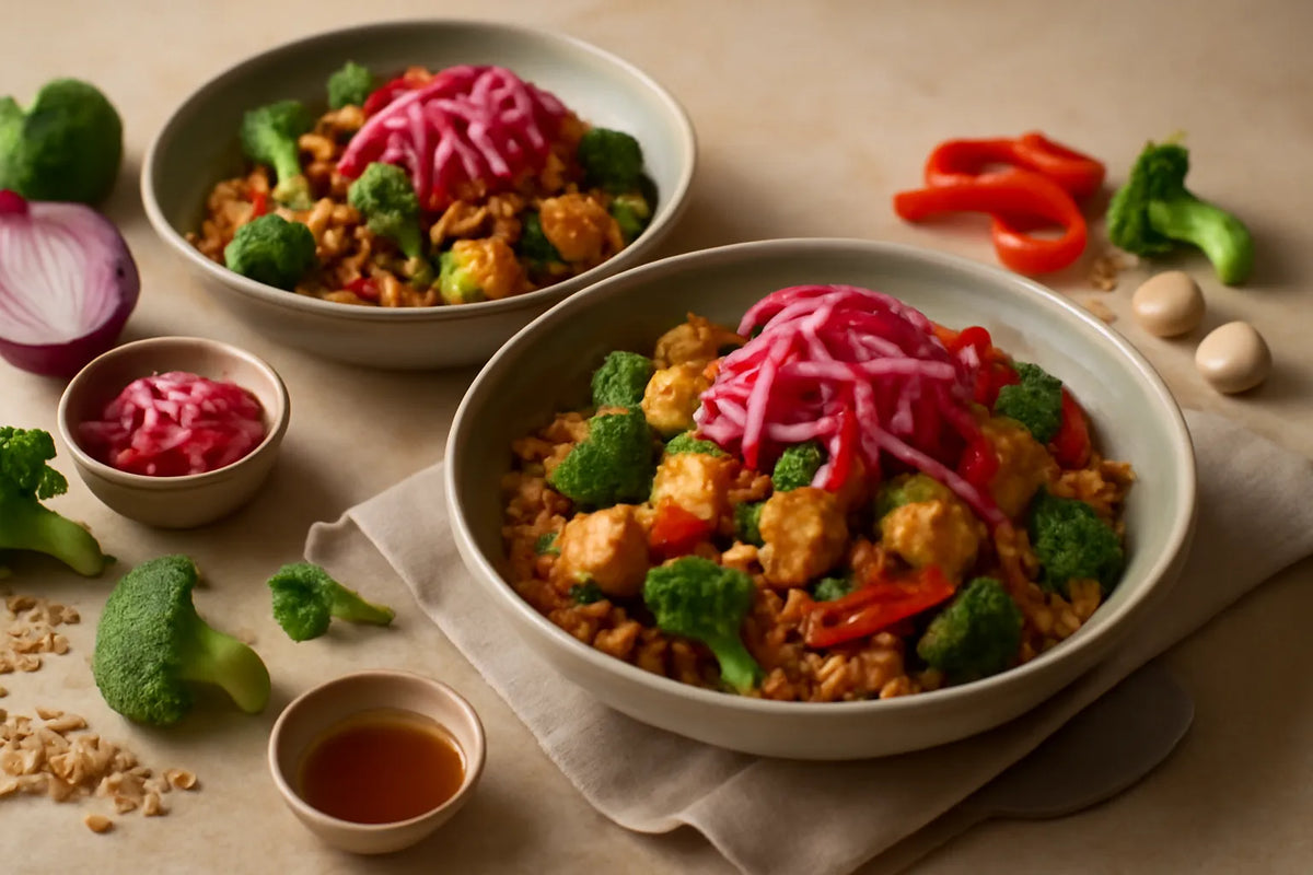 Padellata di tofu e farro con cipolla rossa sottaceto