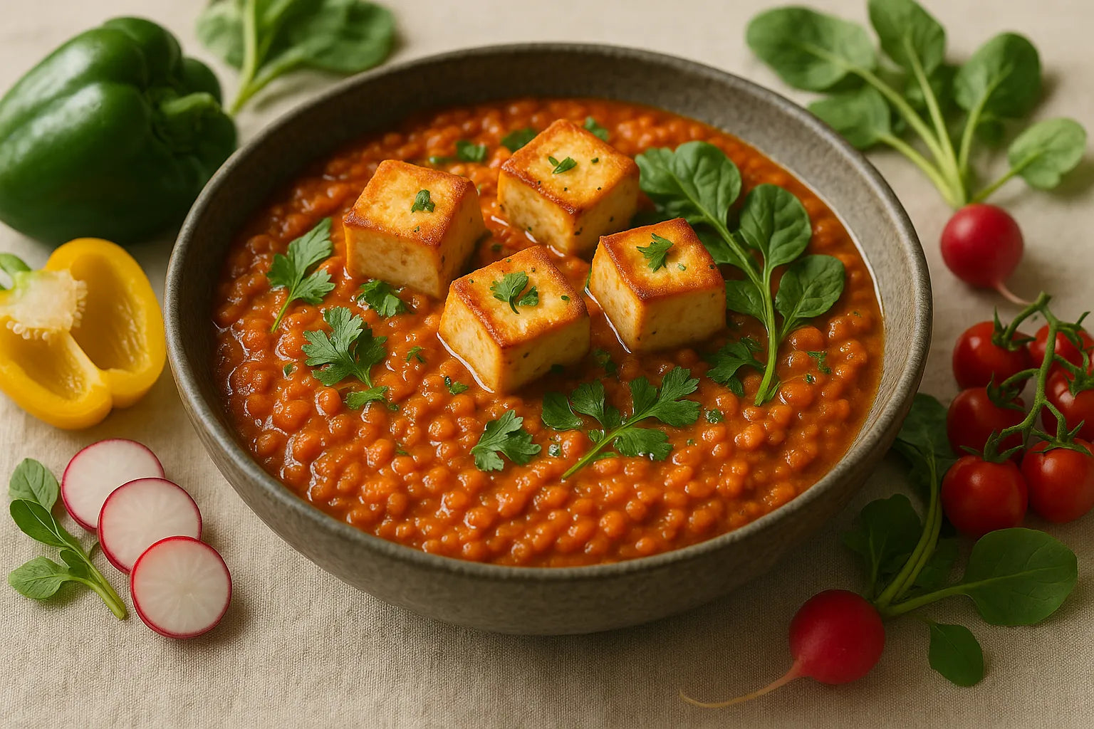 Curry de tofu y lentejas