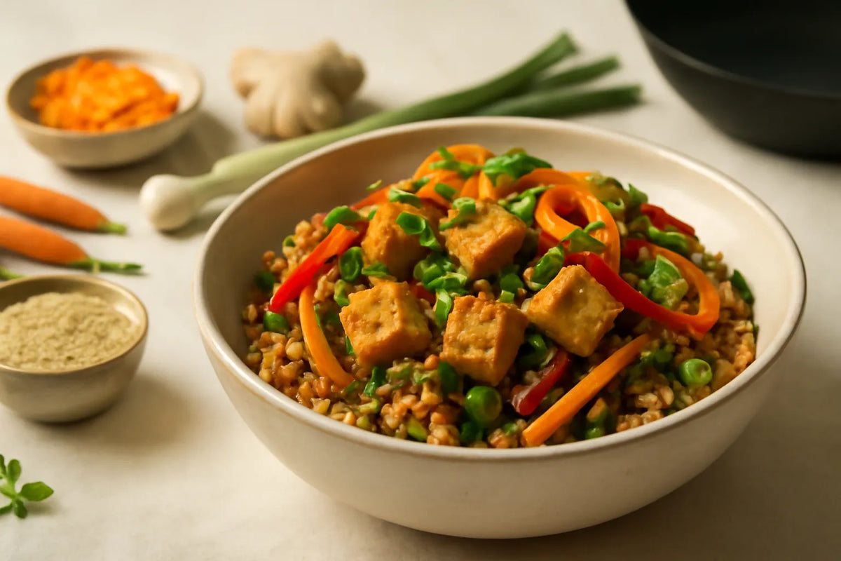 Tofu-Quinoa-Pfanne mit fermentierten Karotten