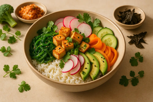 Tazón de arroz con tofu y algas