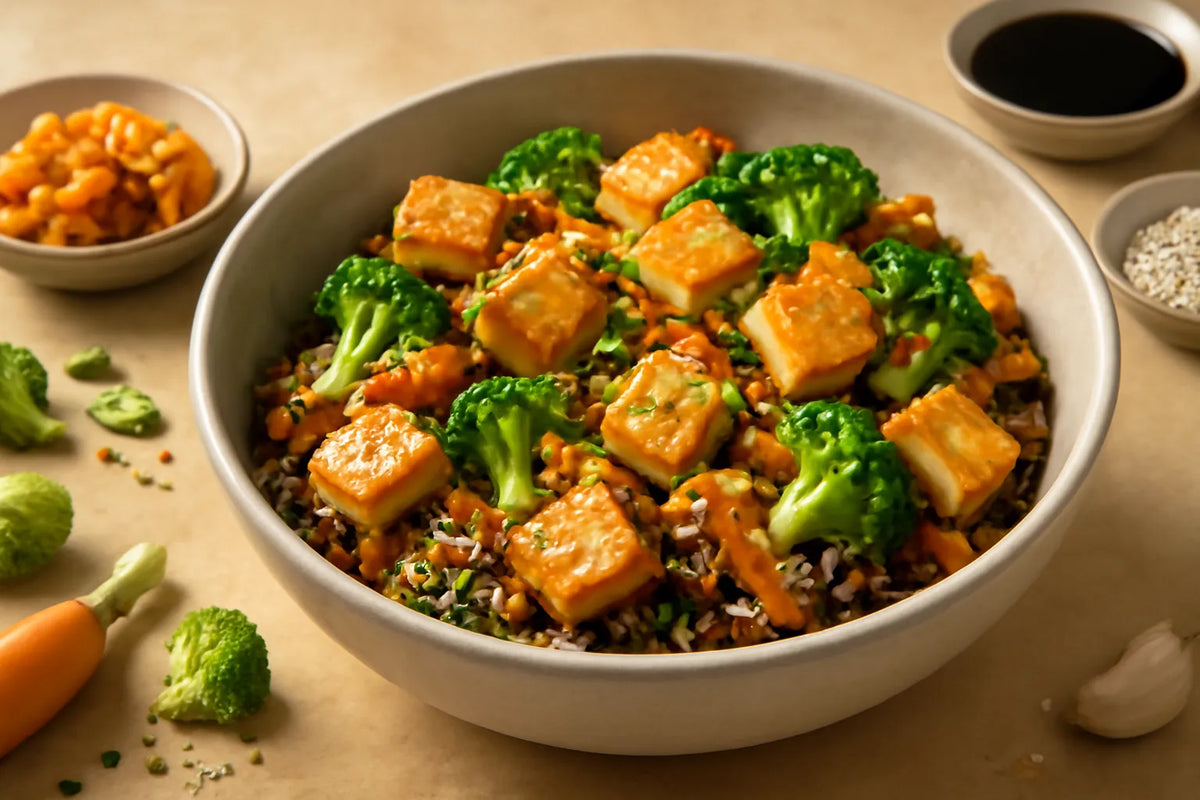 Stir-fry di tofu e riso selvatico con kimchi