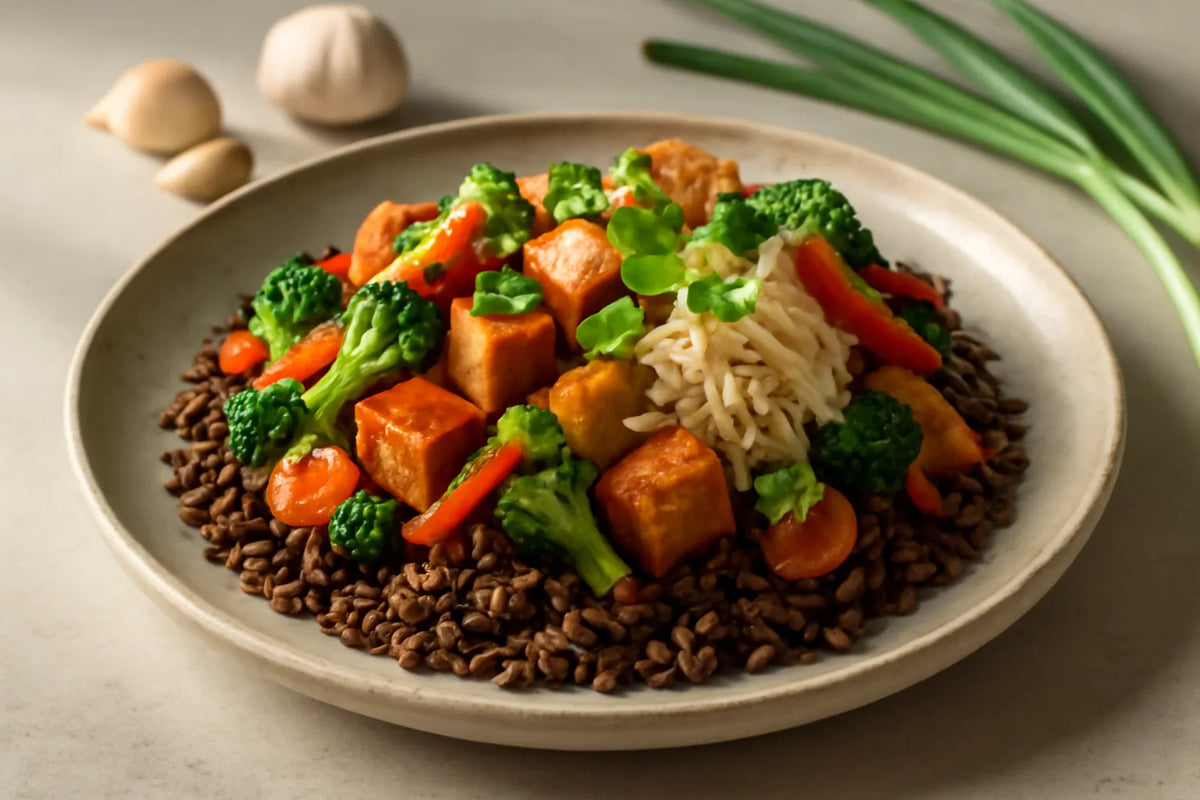 Salteado de tofu con arroz silvestre y chucrut