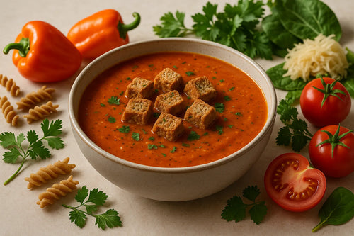 Tomato pepper soup with whole-grain croutons