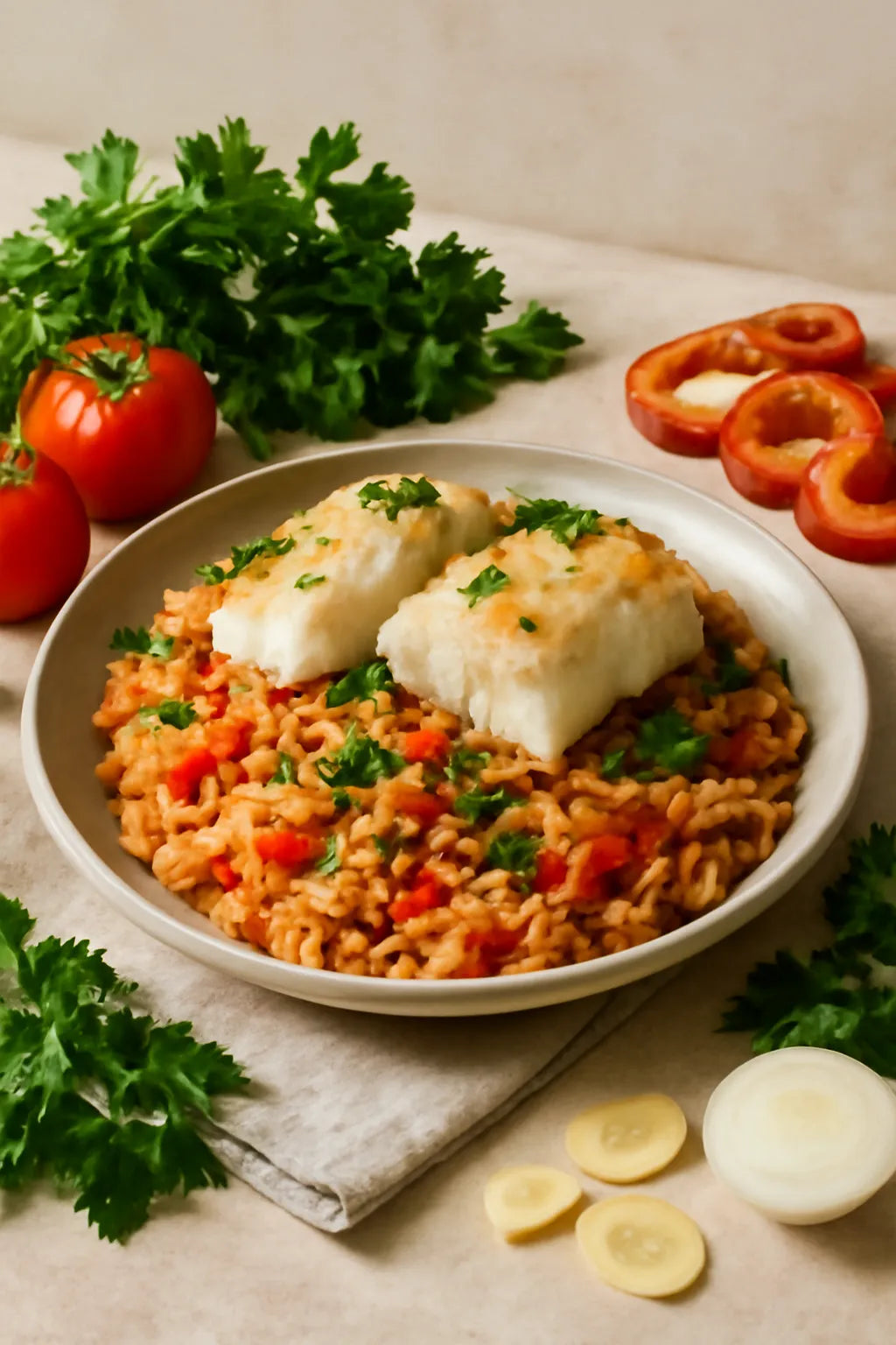 Rijst met tomaat, paprika en kabeljauw