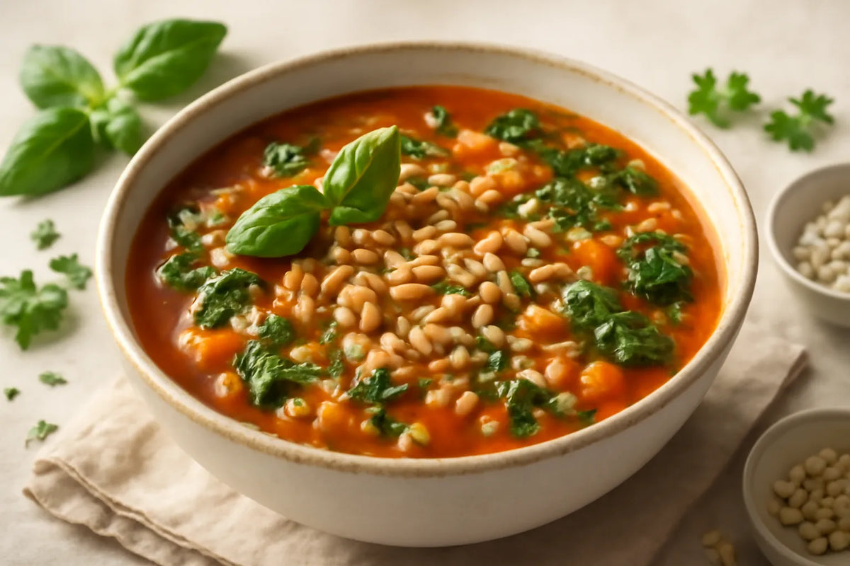 Tomato soup with whole-grain pasta letters