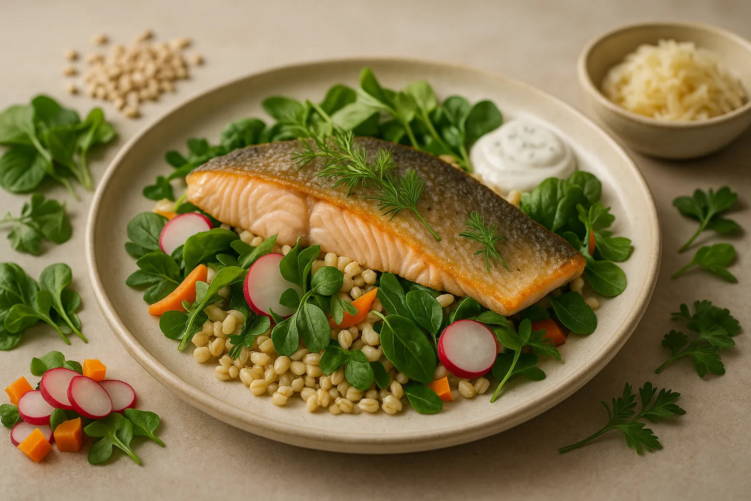 Trucha con cebada y verduras