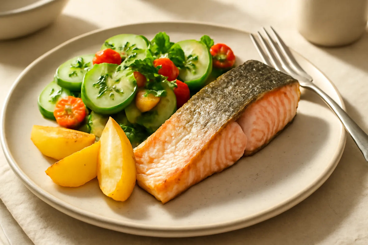 Trout with potatoes and cucumber salad