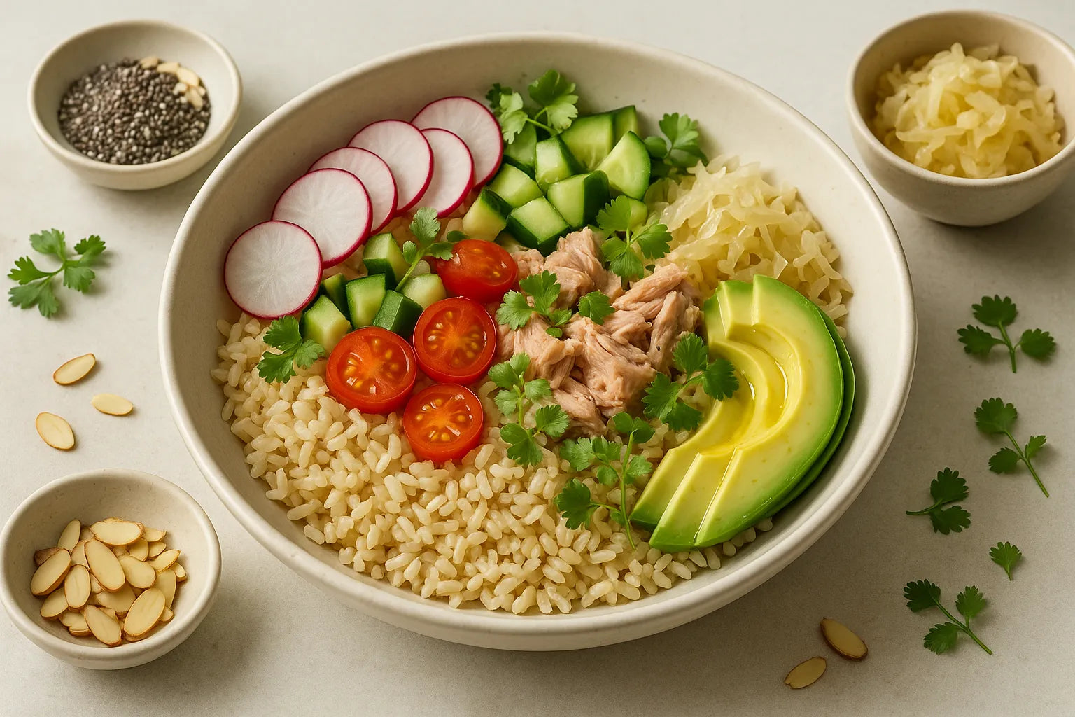 Cuenco de atún con aguacate y arroz integral