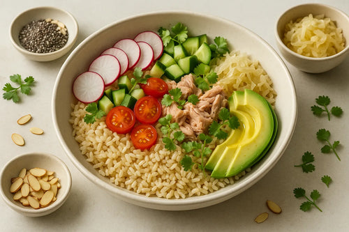 Cuenco de atún con aguacate y arroz integral
