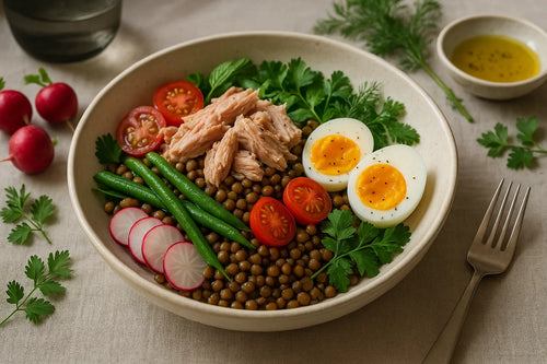 Tazón Niçoise de atún y lentejas