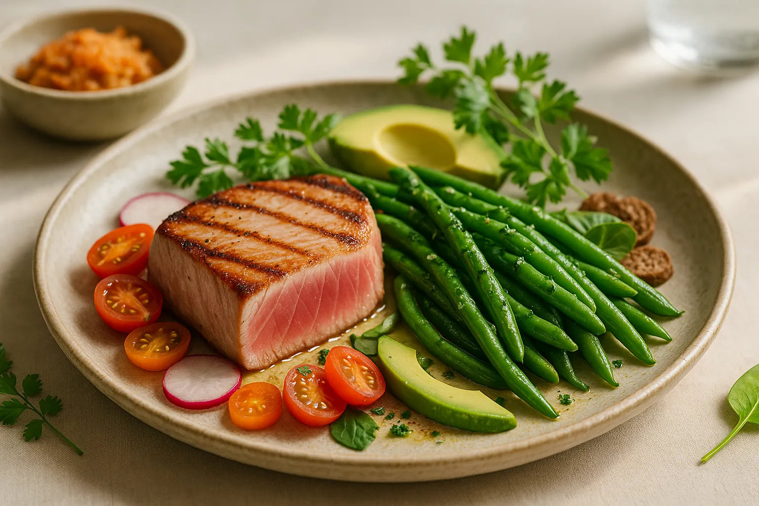 Tuna steak with green beans