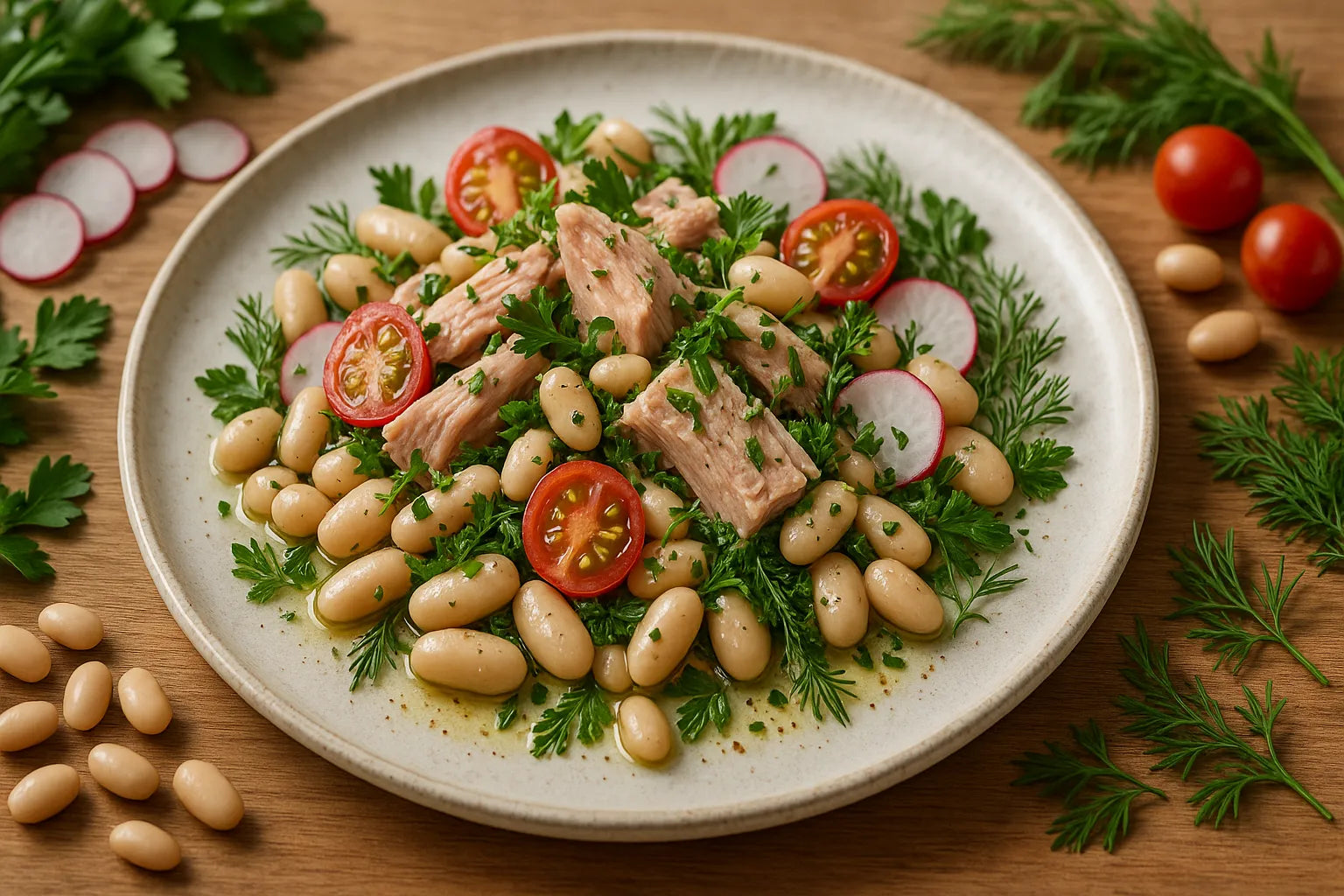 Ensalada de atún con alubias blancas y hierbas