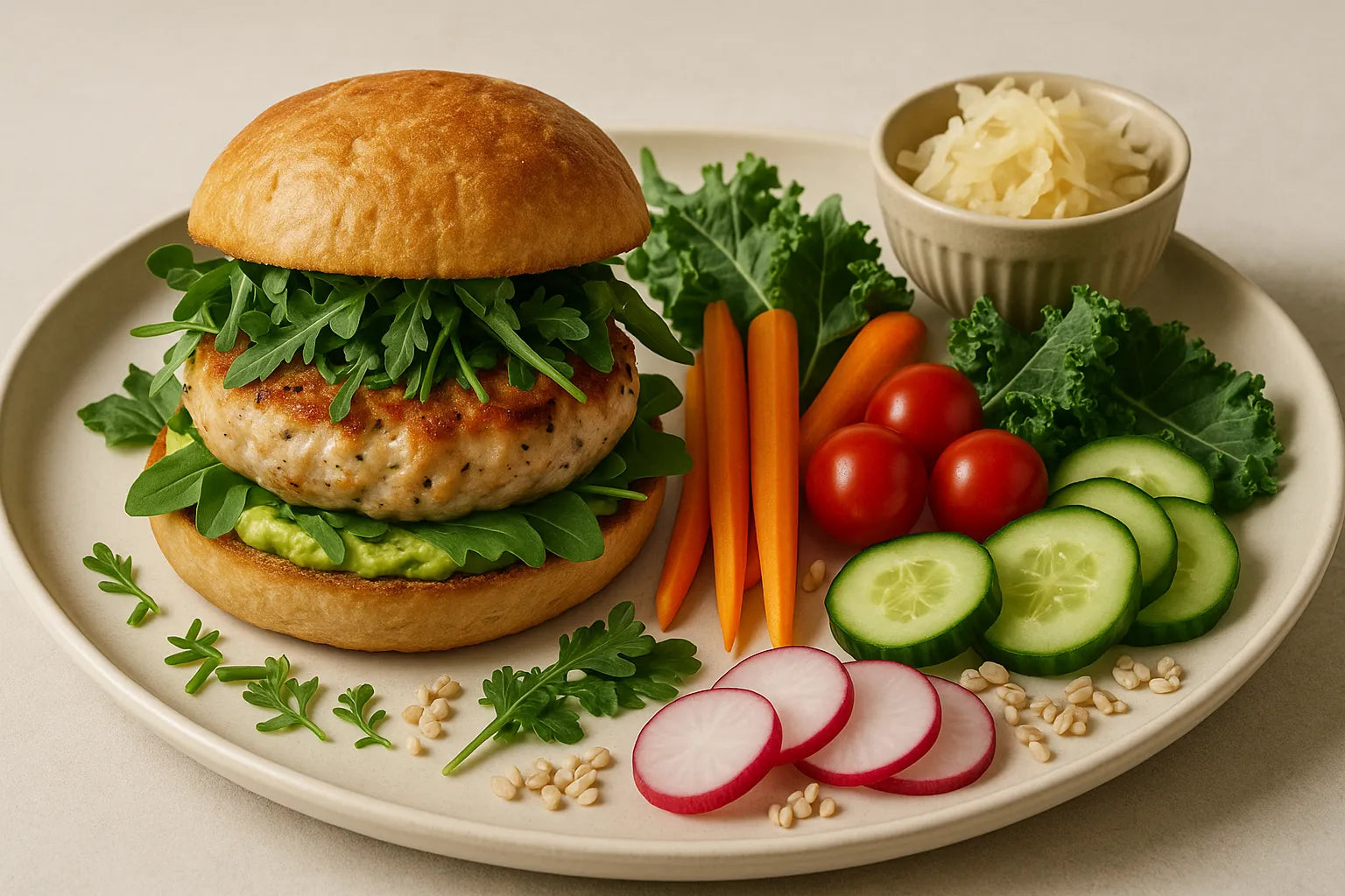 Turkey burger with raw vegetables
