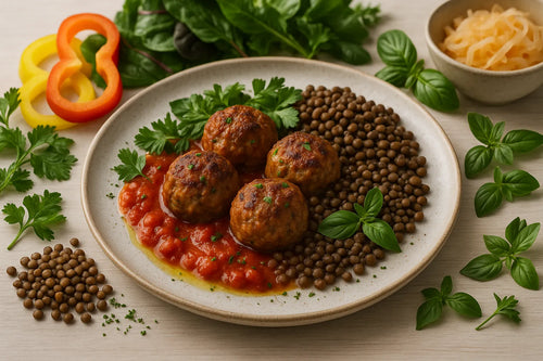 Albóndigas de pavo con lentejas y salsa de tomate