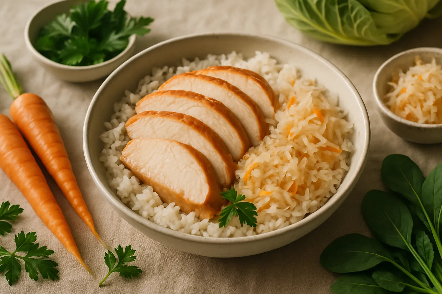 Tazón de pavo con chucrut y arroz