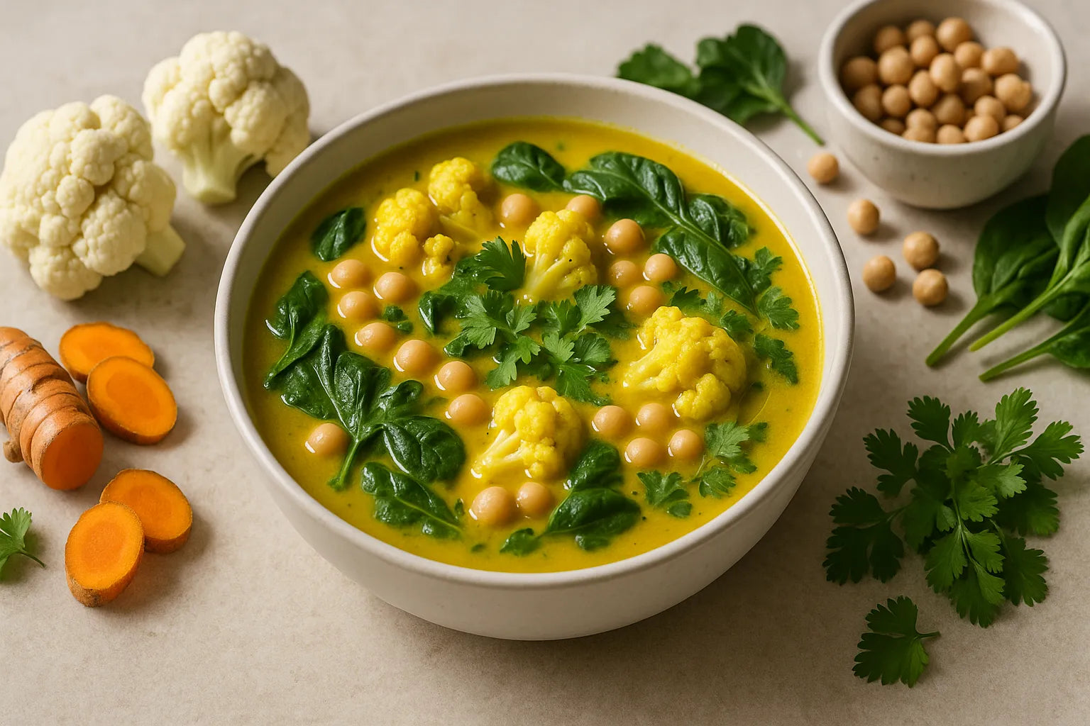 Sopa de garbanzos con coliflor y cúrcuma
