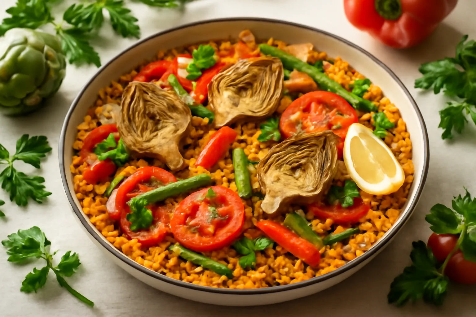 Vegetable paella with artichokes
