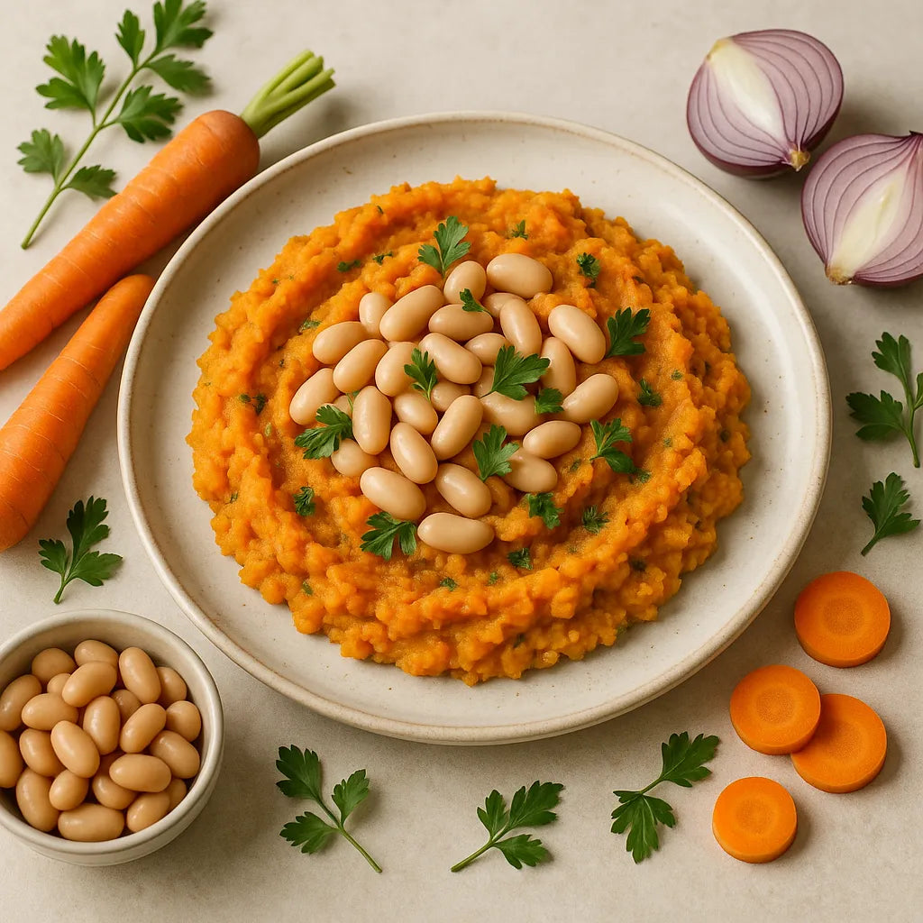 Vegetarian carrot and onion mash with beans