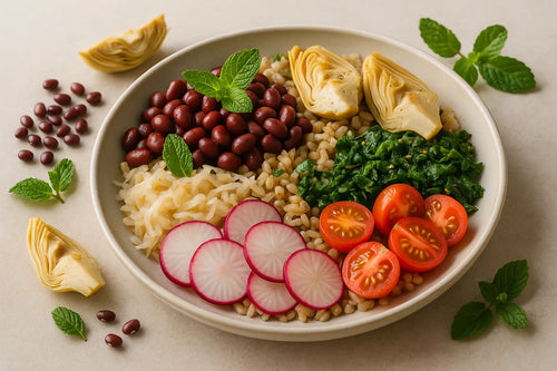 Warm Adzuki Bean and Artichoke Grain Bowl with Mint