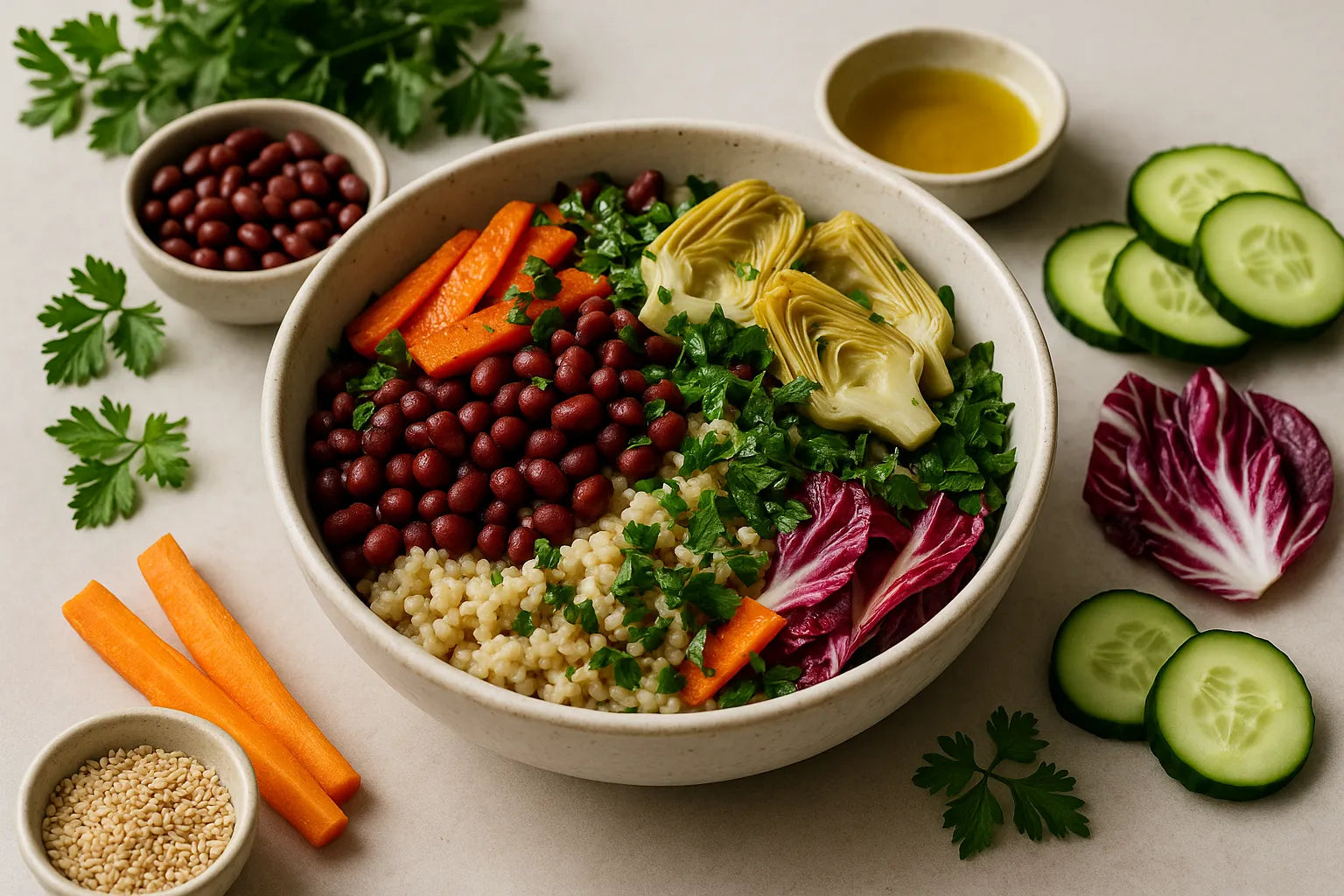 Warm Adzuki Bean and Artichoke Grain Bowl with Parsley