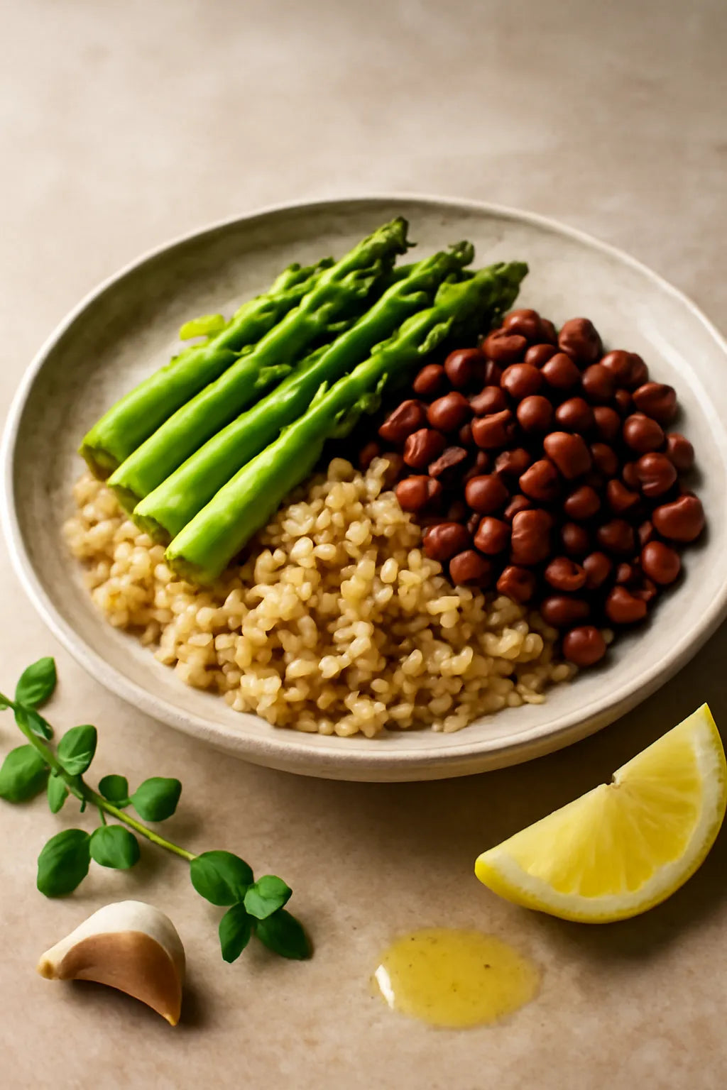 Warm Adzuki Bean and Asparagus Grain Bowl with Oregano