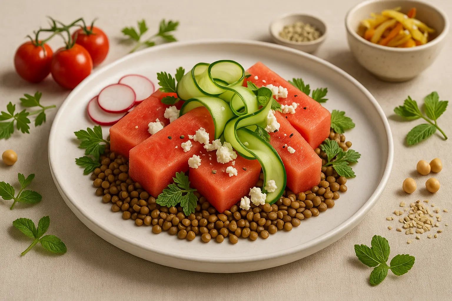 Watermelon Cucumber Feta Salad with Lentils