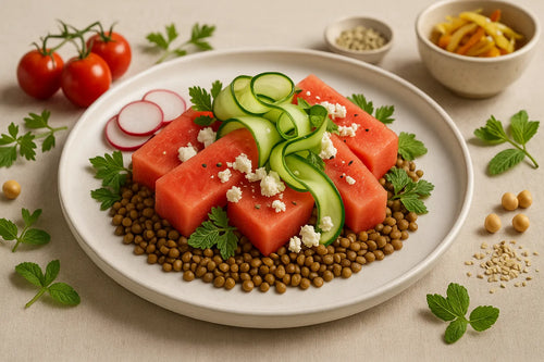Watermelon Cucumber Feta Salad with Lentils