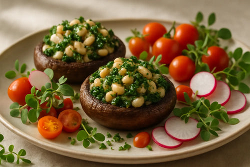 Champiñones rellenos de frijoles blancos y col rizada
