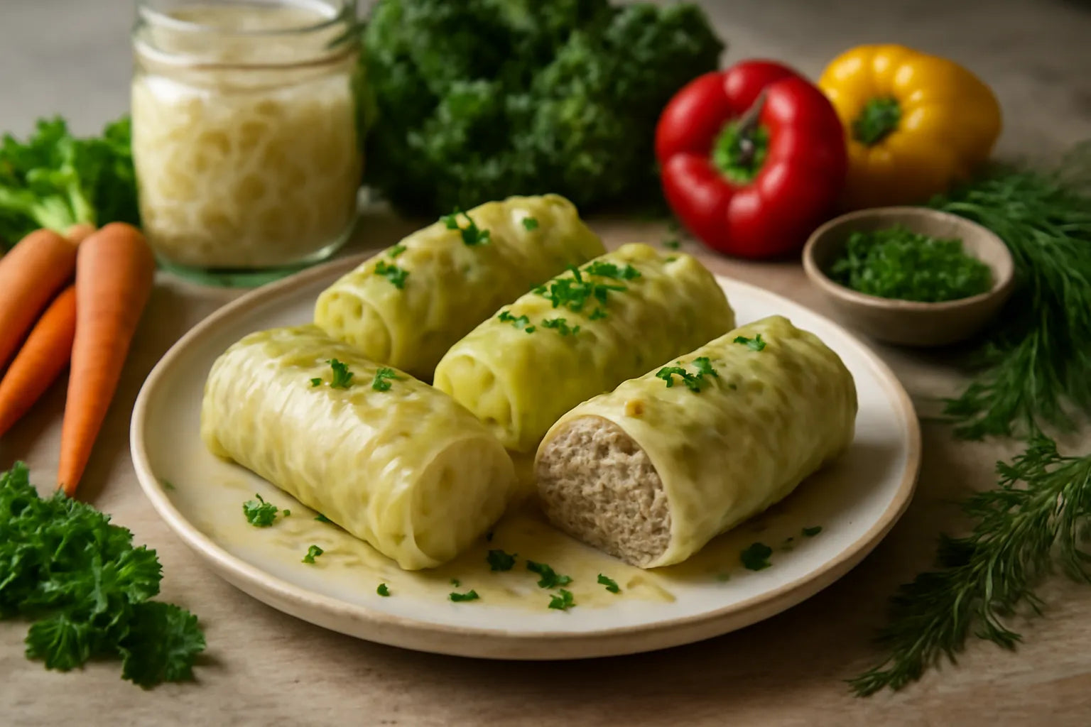 White cabbage rolls with lean beef