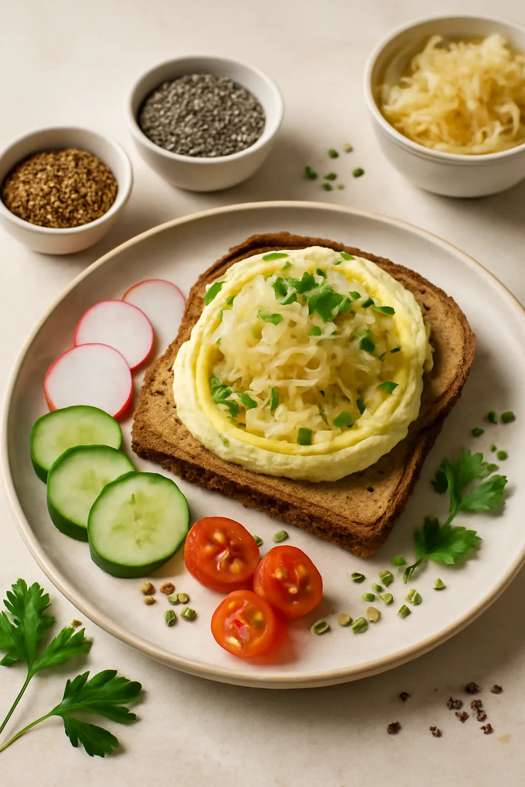 Volkorenbrood met hummus en zuurkool
