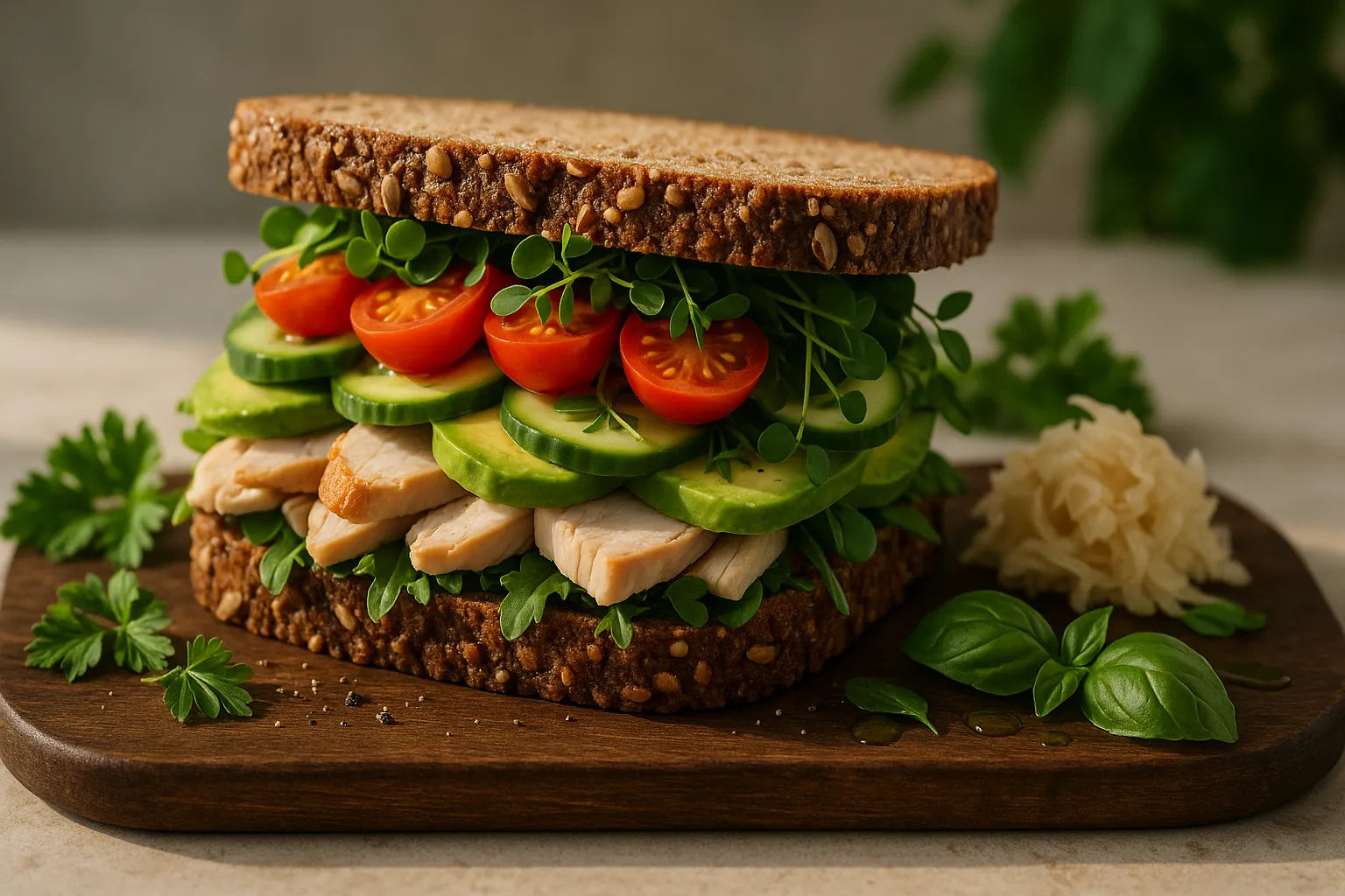 Volkorenbrood met gerookte kip en avocado