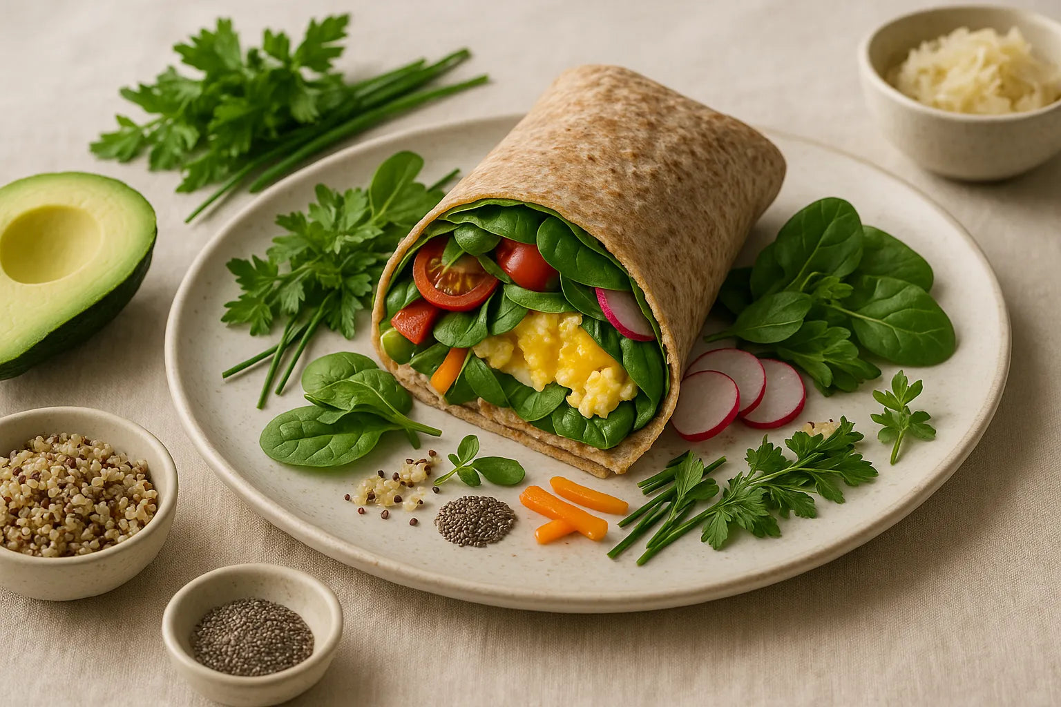 Whole-grain breakfast wrap with egg and spinach