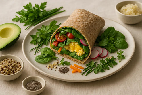 Whole-grain breakfast wrap with egg and spinach