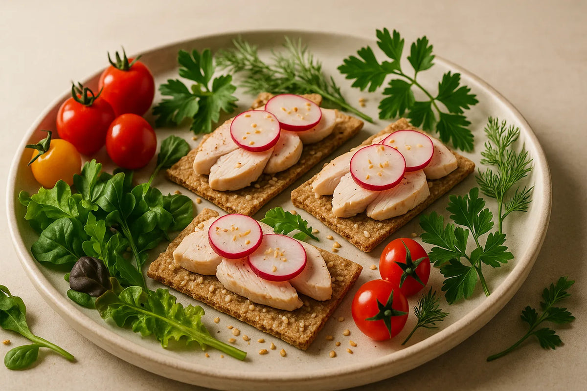 Galletas integrales con pechuga de pollo y rábano