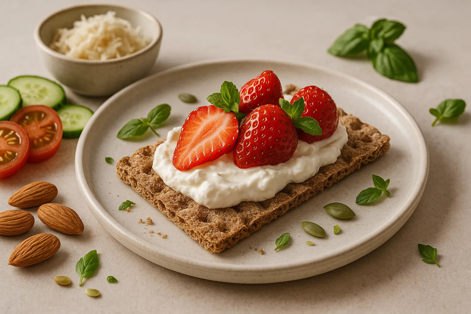 Whole-grain crispbread with strawberries and quark