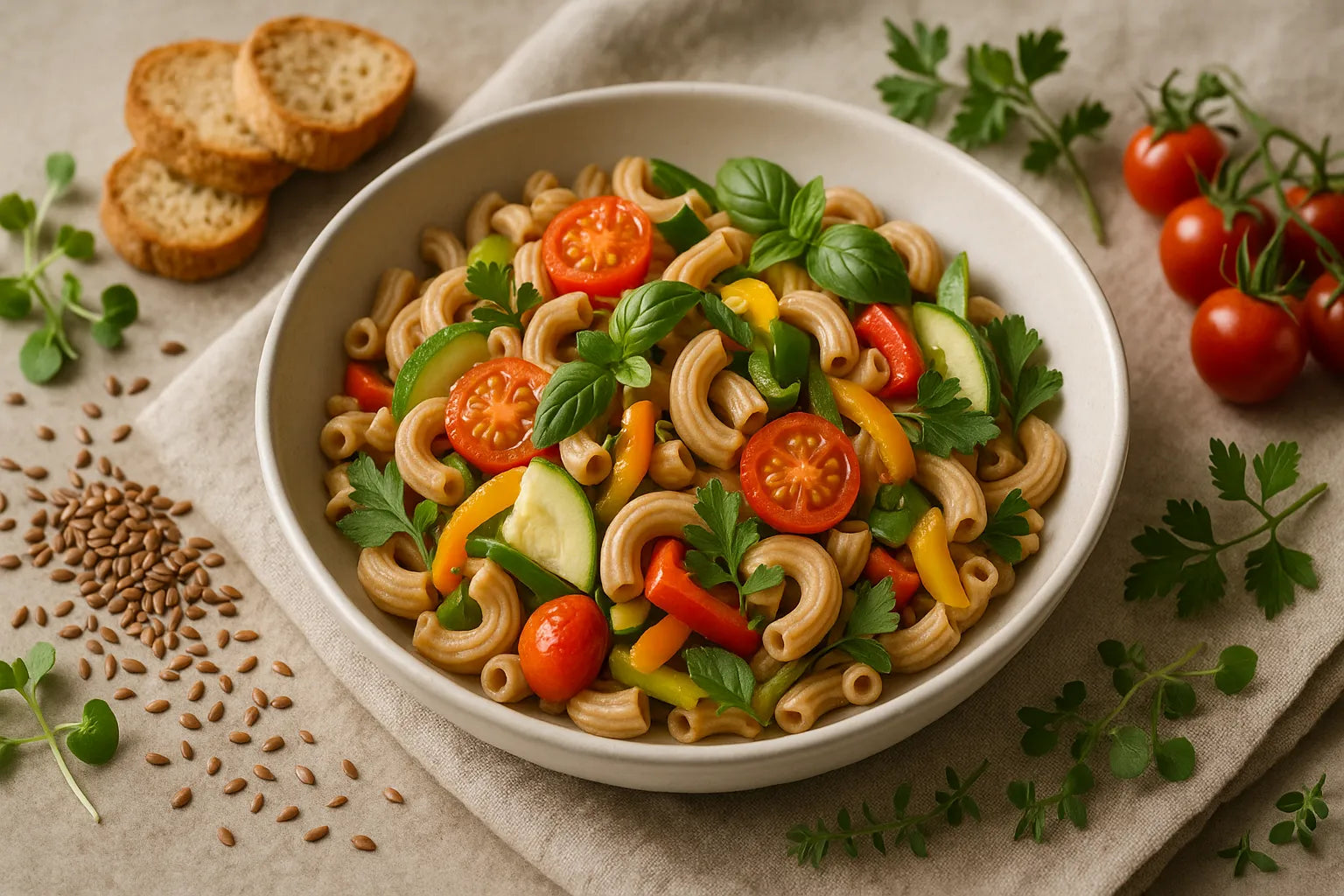 Whole-grain macaroni with tomato and vegetables