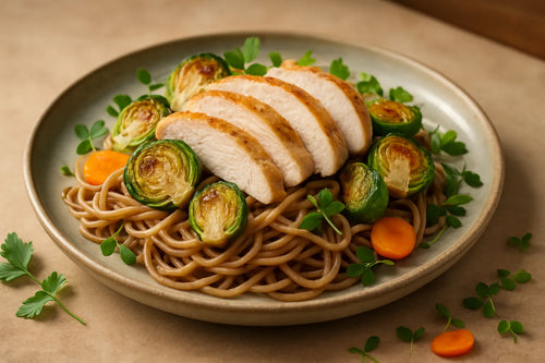 Whole-grain noodles with chicken and Brussels sprouts