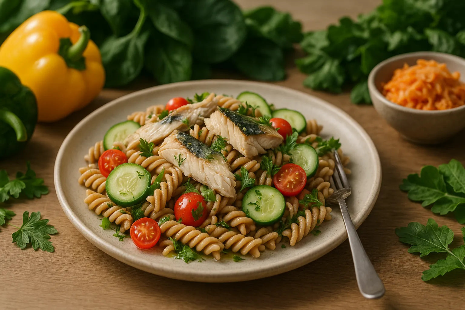 Whole-grain pasta salad with mackerel
