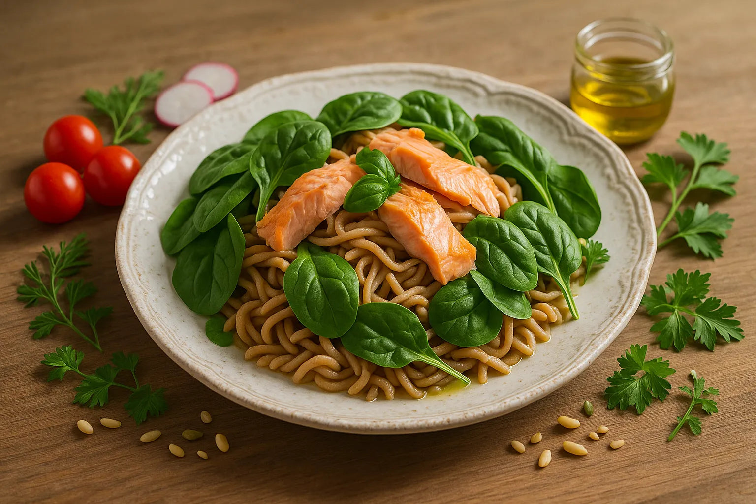 Whole-grain pasta with spinach and salmon